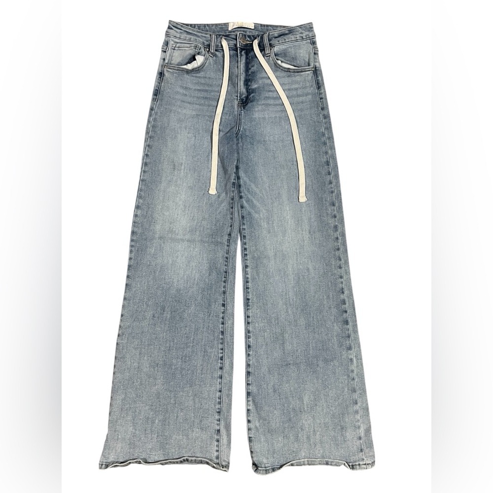 Risen Blue Wide Leg Flare Jeans with Drawstring Waist